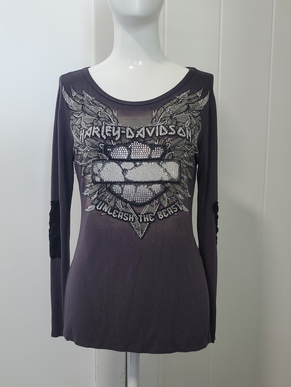 Harley-Davidson Women's Long Sleeve Tee in Charcoal with Silver Embellishment